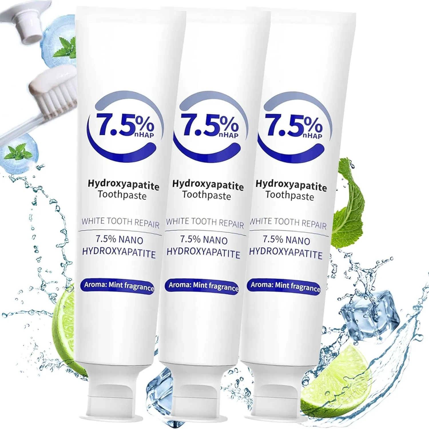 7.5% Hydroxyapatite Toothpaste for Enamel, Fluoride-Free Formula with Gentle Mint, for Sensitive Teeth, Repair and Protect Toothpaste, Long-Lasting Fresh Breath (3 PCS)