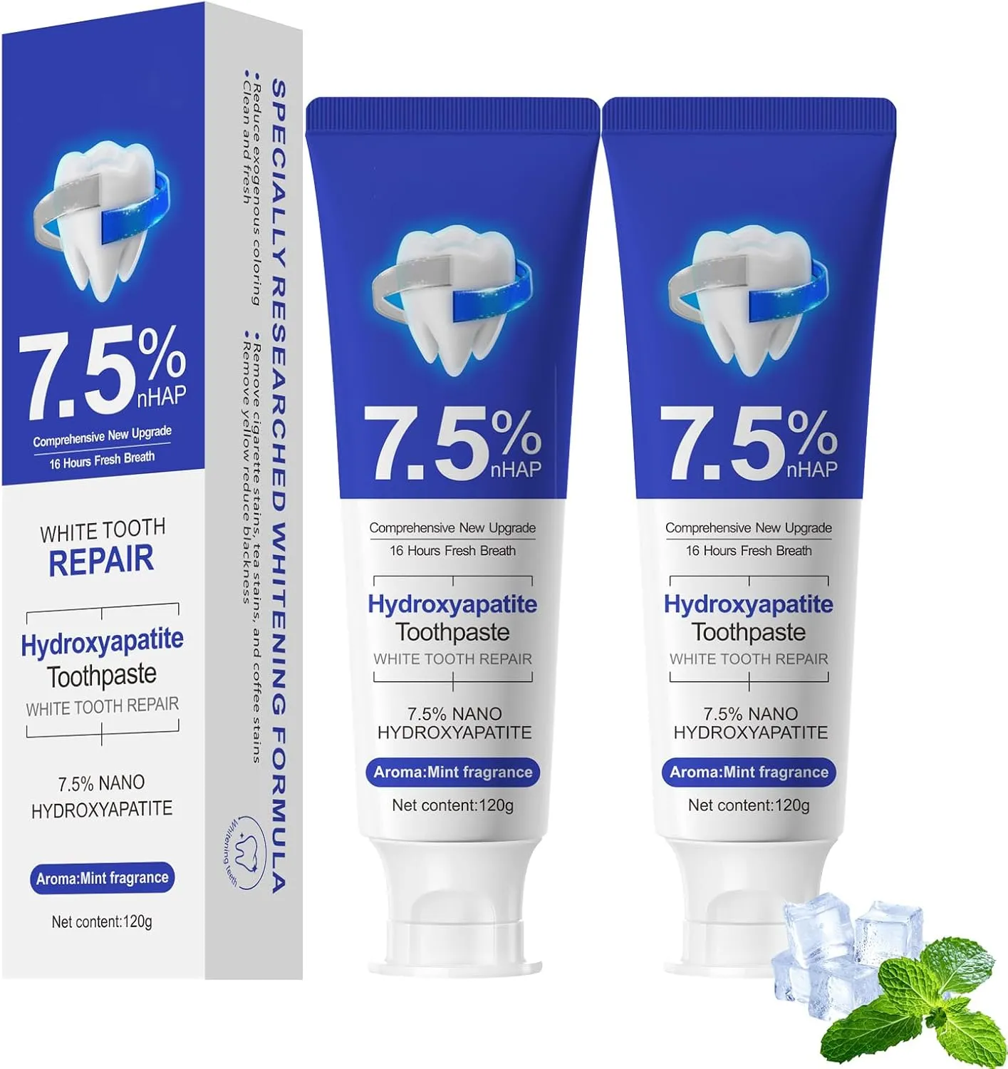7.5% Hydroxyapatite Toothpaste, Nano Hydroxyapatite Toothpaste for Enamel Protection and Tooth Strengthening, Fluoride-Free Formula, Gentle Mint, Fresh Breath