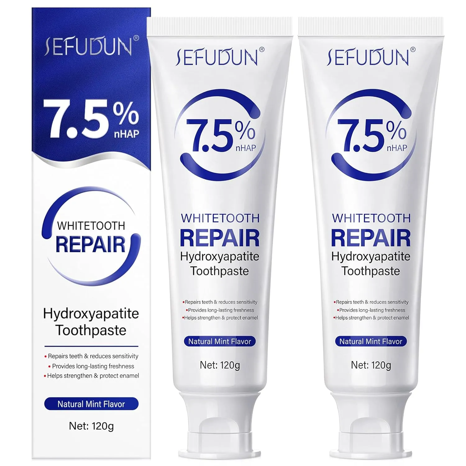 7.5% Hydroxyapatite Toothpaste, Nano Hydroxyapatite Toothpaste for Repair Enamel and Tooth Strengthening, Fluoride Free Formula for Daily Oral Protection, Fresh Mint Flavor, 2 Pcs