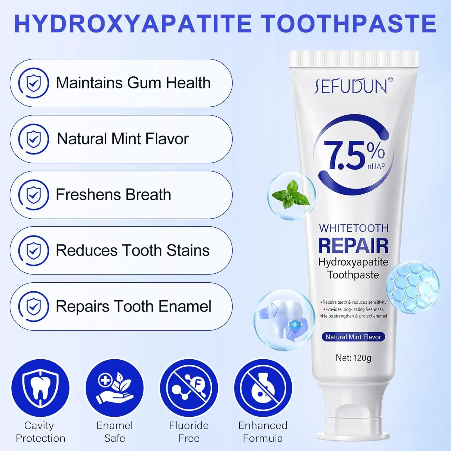 7.5% Nano Hydroxyapatite Toothpaste for Enamel Protection, Sensitivity Relief, Tooth Strengthening, Whitening, Cavity Defense, Breath Freshening, Fluoride-Free, Safe for Adults & Kids - 2 Pack