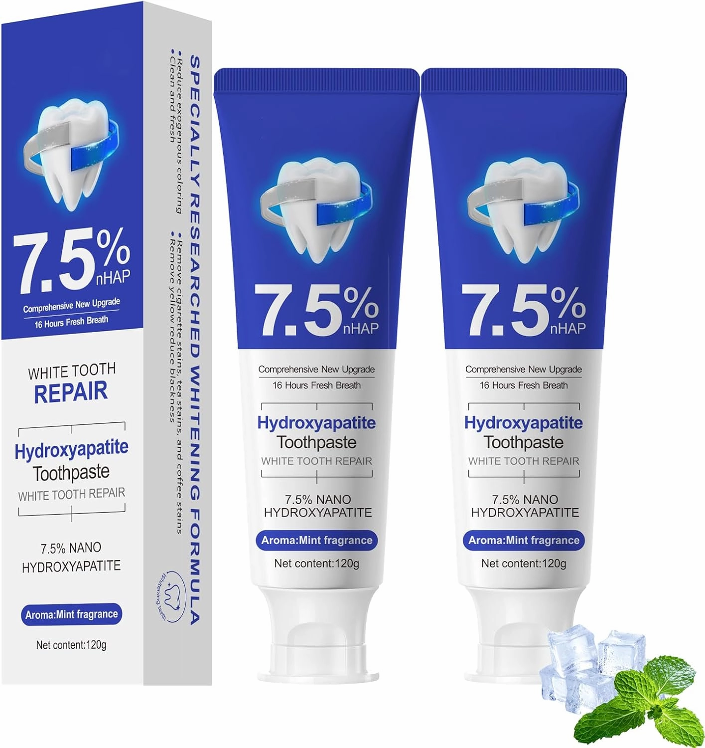 7.5% Hydroxyapatite Toothpaste, Nano Hydroxyapatite Toothpaste for Enamel Protection and Tooth Strengthening, Fluoride-Free Formula, Gentle Mint, Fresh Breath