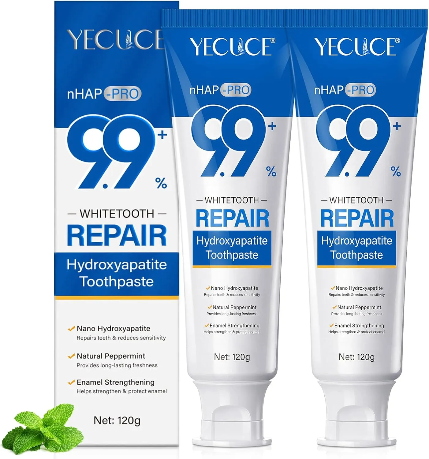 9.9% Hydroxyapatite Toothpaste(2Pcs), Nano Hydroxyapatite Toothpaste for Enamel Protection and Tooth Strengthening (Fluoride Free), Fresh Mint Flavor, Daily Use for Oral Health