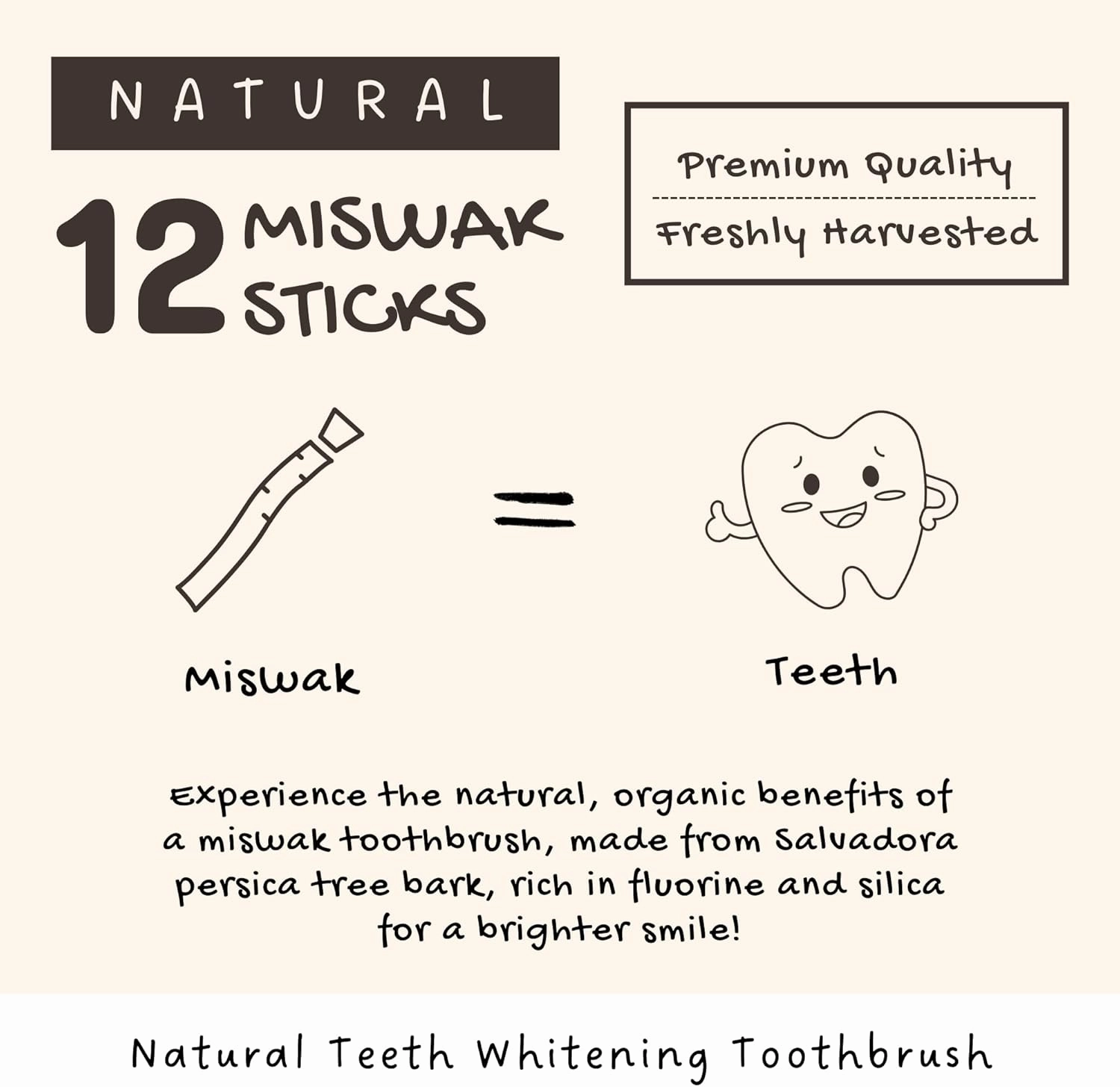 (12Pack) Miswak Sticks for Teeth, Natural Toothbrush, No Toothpaste Needed, Miswak Toothbrush Stick Also Known as Siwak Chew Sticks for Humans, Meswak