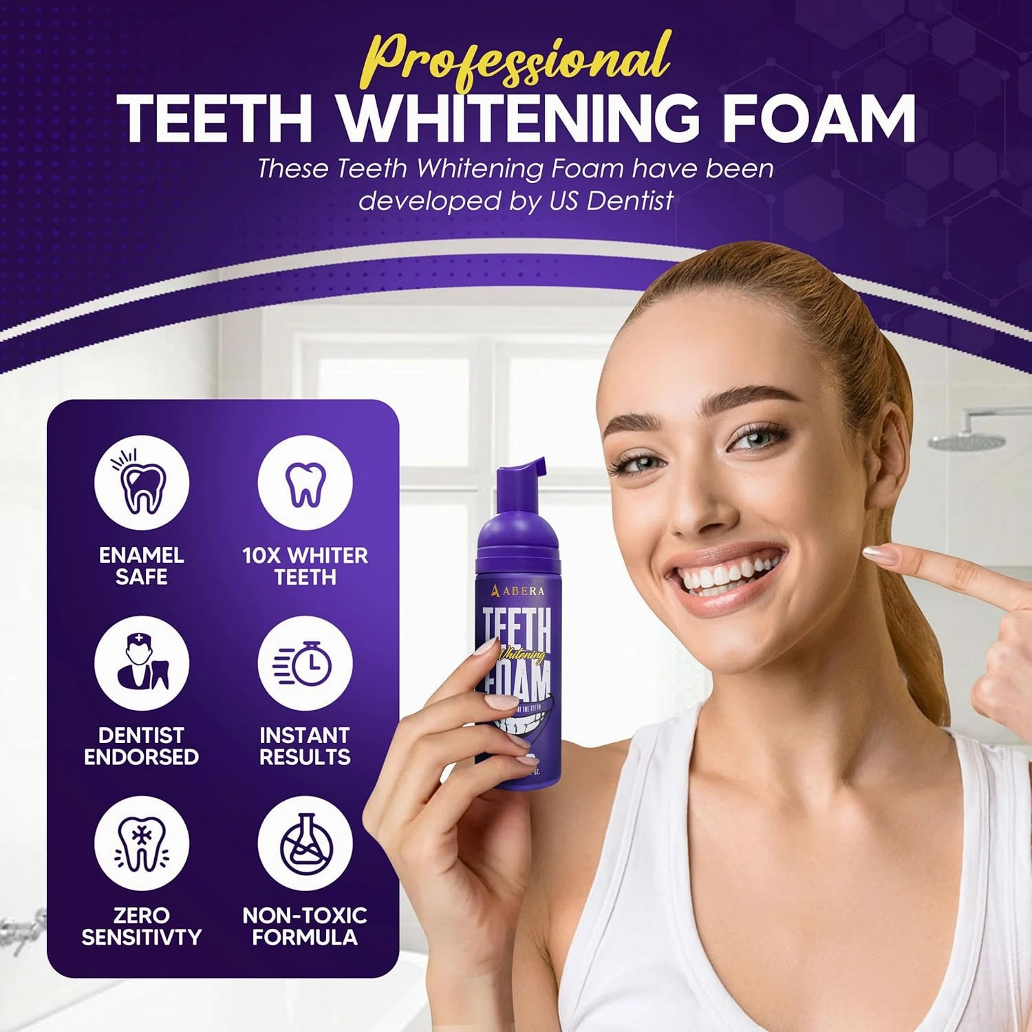 Abera Purple Teeth Whitening Foam | Instant Whitening & Colour Corrector | Cleans Aligners, Braces & Freshens Breath | Natural, Peroxide-Free Formula (5.07 Fl Oz)