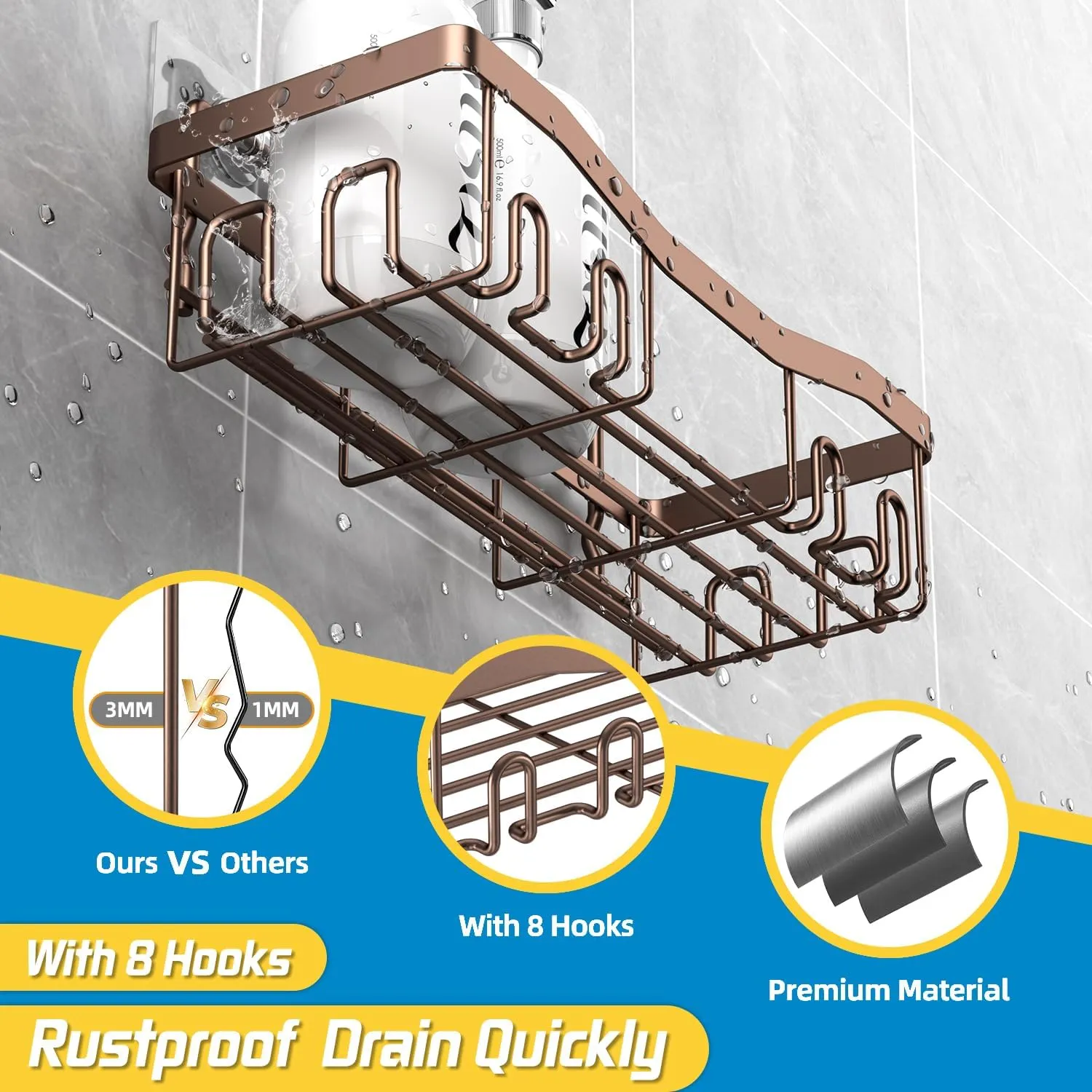Adhesive Shower Caddy, No Drilling Bath Organizers 5 Pack, Rustproof Shelves with Soap Holder & Toothbrush Holder, Bathroom Organizers and Storage, Bronze