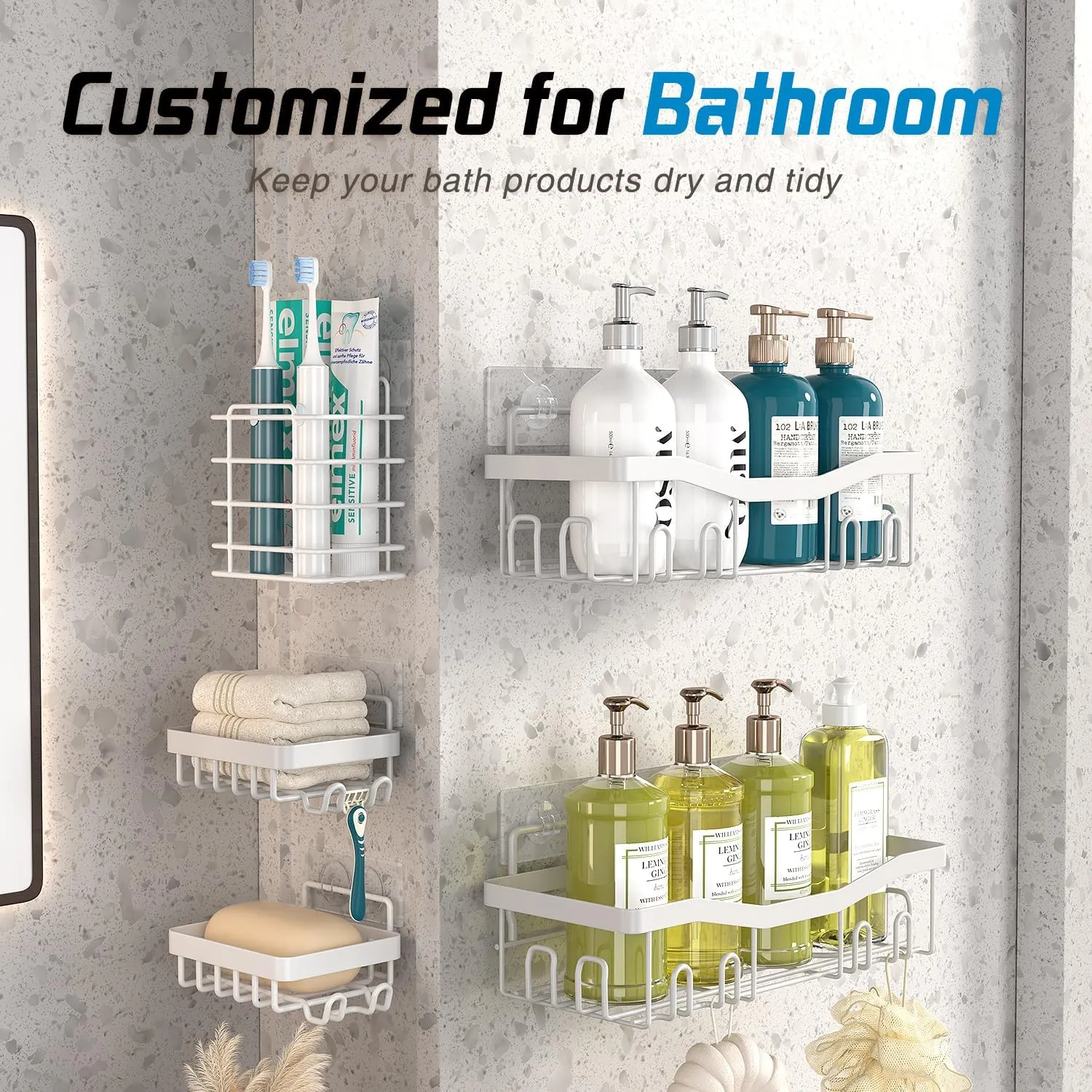 Adhesive Shower Caddy, No Drilling Bath Organizers 5 Pack, Rustproof Shelves with Soap Holder & Toothbrush Holder, Bathroom Organizers and Storage, White