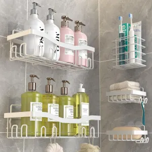 Adhesive Shower Caddy, No Drilling Bath Organizers 5 Pack, Rustproof Shelves with Soap Holder & Toothbrush Holder, Bathroom Organizers and Storage, White