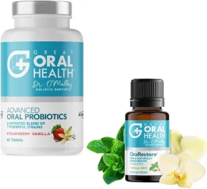 Advanced Oral Probiotics for Mouth with BLIS K12 M18 (Strawberry Vanilla) & OraRestore Tooth & Gum Oil Bad Breath Treatment for Adults Halitosis 2-in-1 Bundle