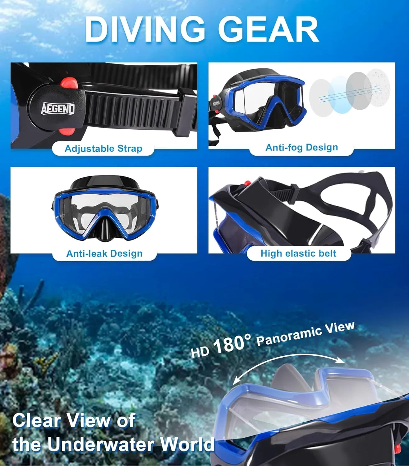 Aegend Snorkeling Gear for Adults, Dry Snorkel Set Panoramic View Enhanced Anti-Leak and Anti-Fog Technology, Adjustable Strap for Snorkeling Scuba Diving Swimming with Mesh Bag