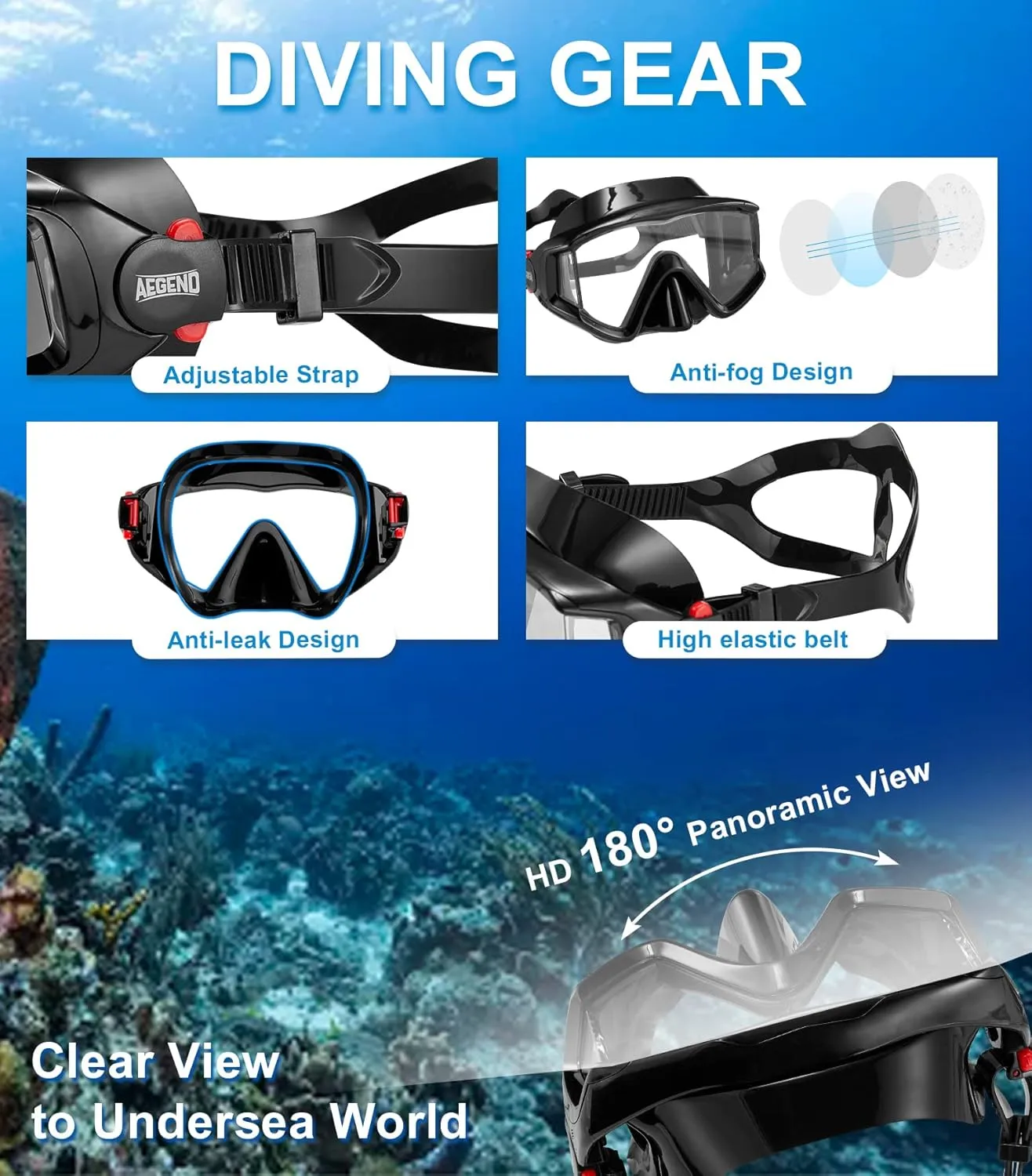 Aegend Snorkeling Gear for Adults, Dry Snorkel Set Panoramic View Enhanced Anti-Leak and Anti-Fog Technology, Adjustable Strap for Snorkeling Scuba Diving Swimming with Mesh Bag