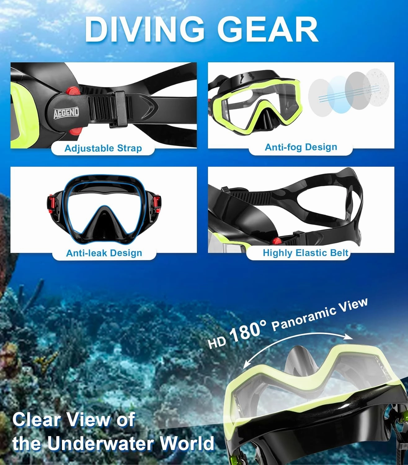Aegend Snorkeling Gear for Adults, Dry Snorkel Set Panoramic View Enhanced Anti-Leak and Anti-Fog Technology, Adjustable Strap for Snorkeling Scuba Diving Swimming with Mesh Bag