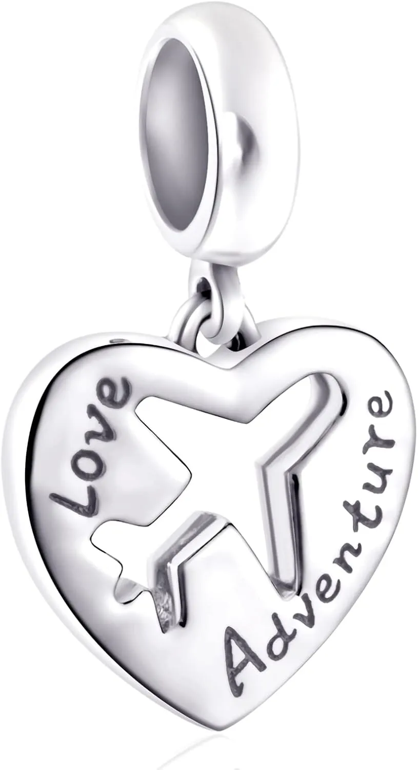 Airplane Charms, 925 Sterling Silver Plane Aircraft Pendant Charm, Adventure Travel Heart Beads fit Pandora Style Bracelet, Birthday Gifts for Family/BFF/Cousin/Aunt