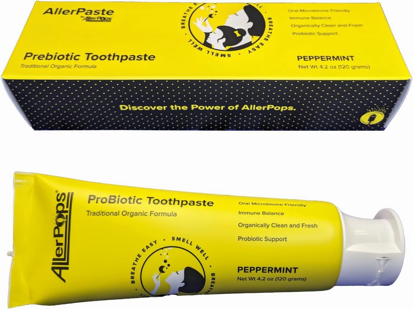 AllerPaste Prebiotic Toothpaste – support for oral probiotics, immunity and lasting sinus health; traditional veggie oil-based formula to combine oil-pulling and brushing together (Peppermint, 4.2 oz)