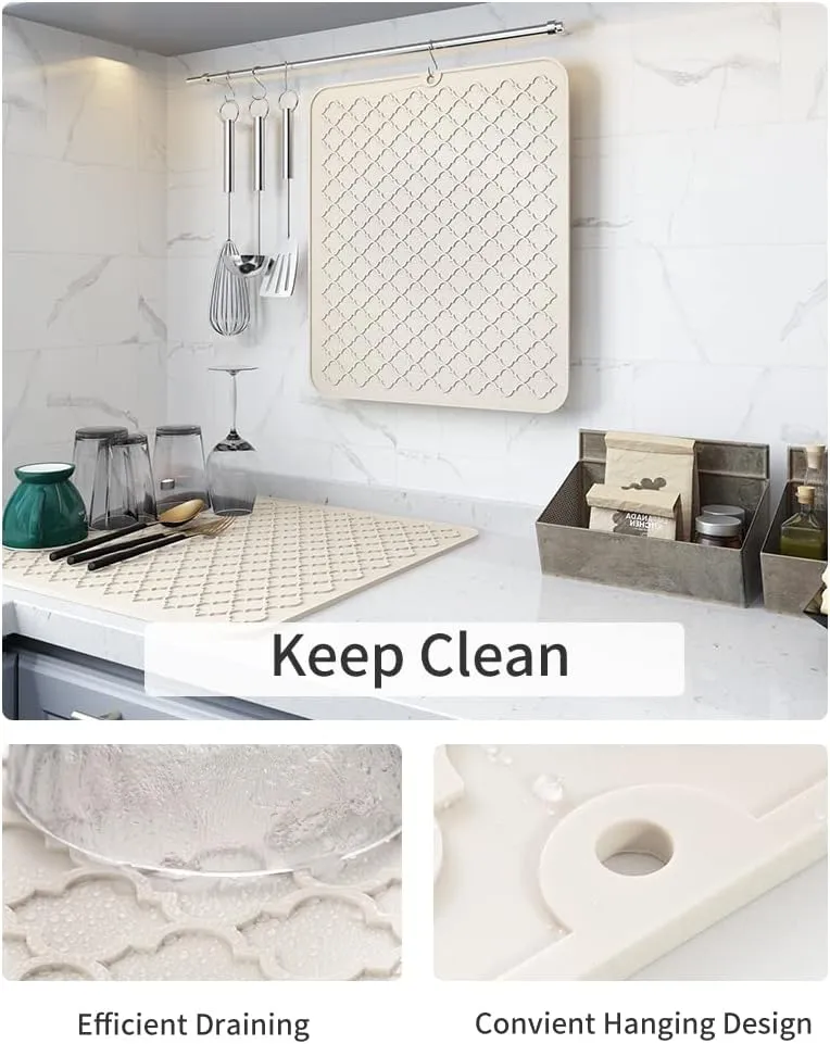 AMOAMI Dish Drying Mats for Kitchen Counter - Silicone Dish Drying Pad - Heat Resistant Mat - Kitchen Gadgets - Accessories - Small Appliances (16" x 18, BEIGE)