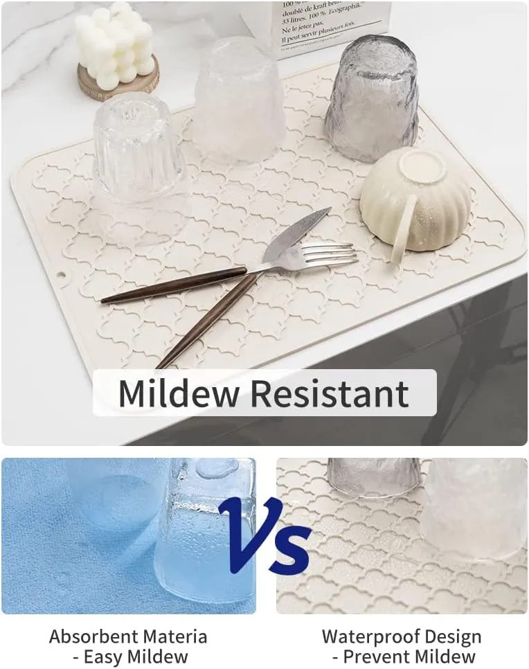 AMOAMI Dish Drying Mats for Kitchen Counter - Silicone Dish Drying Pad - Heat Resistant Mat - Kitchen Gadgets - Accessories - Small Appliances (16" x 18, BEIGE)