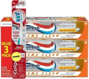 Aqua~Fresh Extreme Clean Toothpaste, Fresh Mint Flavor, Whitening Action Fluoride 5.6 oz, 3 Pack with 360 Advanced Optic White Adult Manual Toothbrush, Medium Free