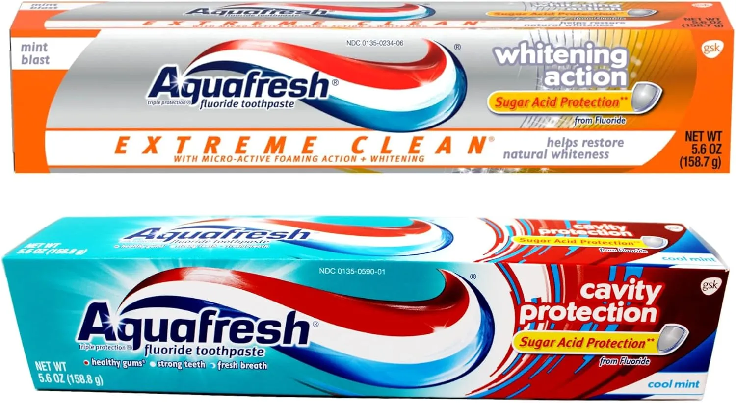 Aquafresh Fluoride Toothpaste Kit, Cavity Protection 5.6 oz, Cool Mint   Whitening Action, 5.6 oz Mint Blast, (Kit 1 of Each)