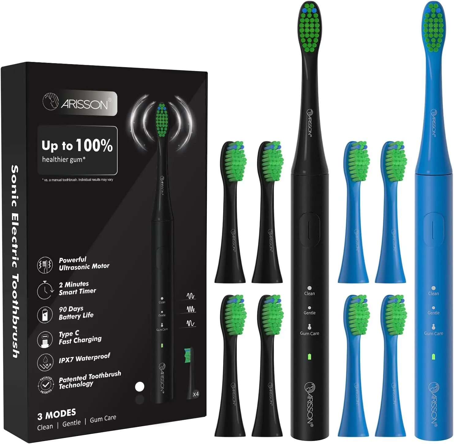 ARISSON Sonic Electric Toothbrush for Adults and Kids, 40,000 VPM Power Toothbrush, 1.5H Fast Charge Ultrasonic Electric Toothbrushes with 2 Minutes Smart Timer, Azure Blue   Midnight Black (2 Pack)