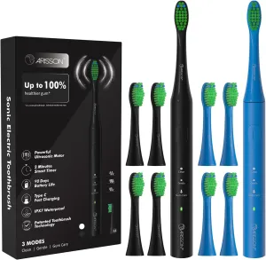 ARISSON Sonic Electric Toothbrush for Adults and Kids, 40,000 VPM Power Toothbrush, 1.5H Fast Charge Ultrasonic Electric Toothbrushes with 2 Minutes Smart Timer, Azure Blue   Midnight Black (2 Pack)