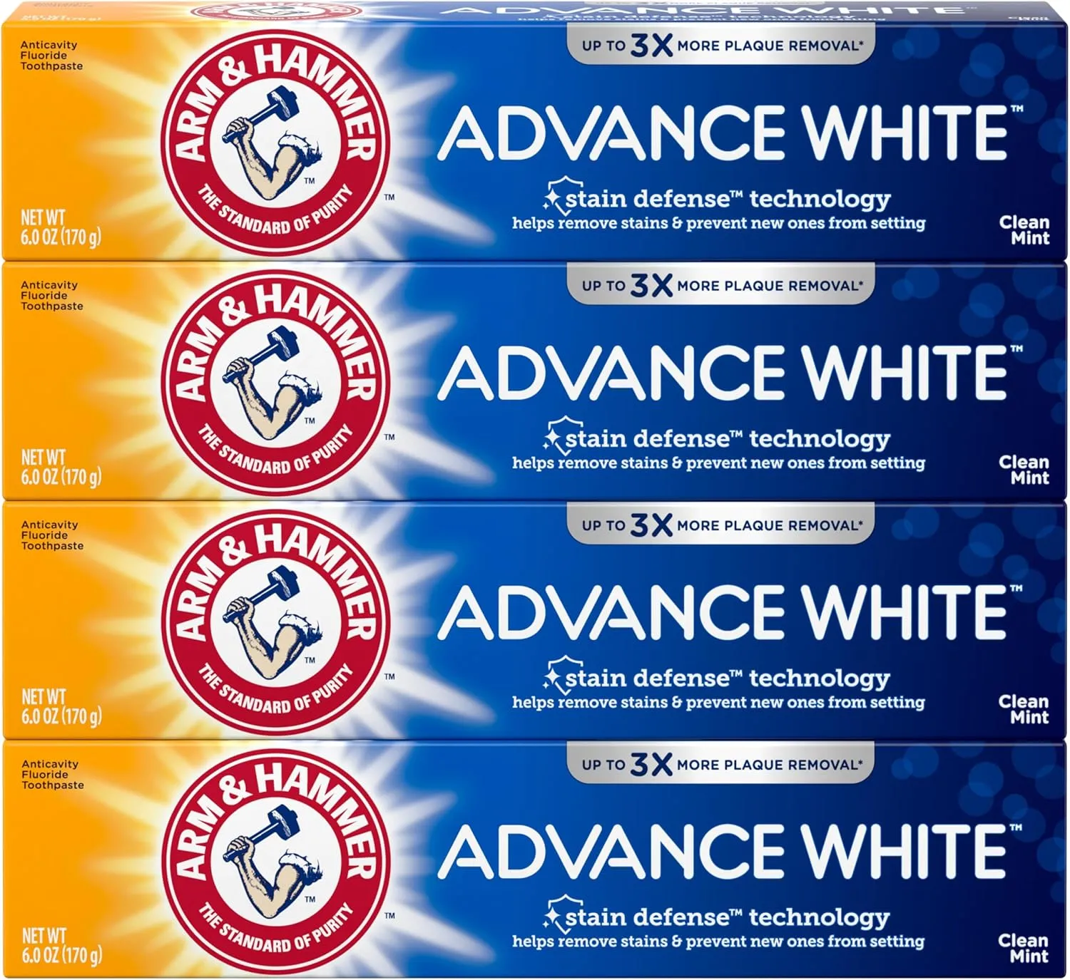 Arm & Hammer Advance White Toothpaste, Clean Mint Flavor, Stain Defense Technology, 6 Ounce (Pack of 4)