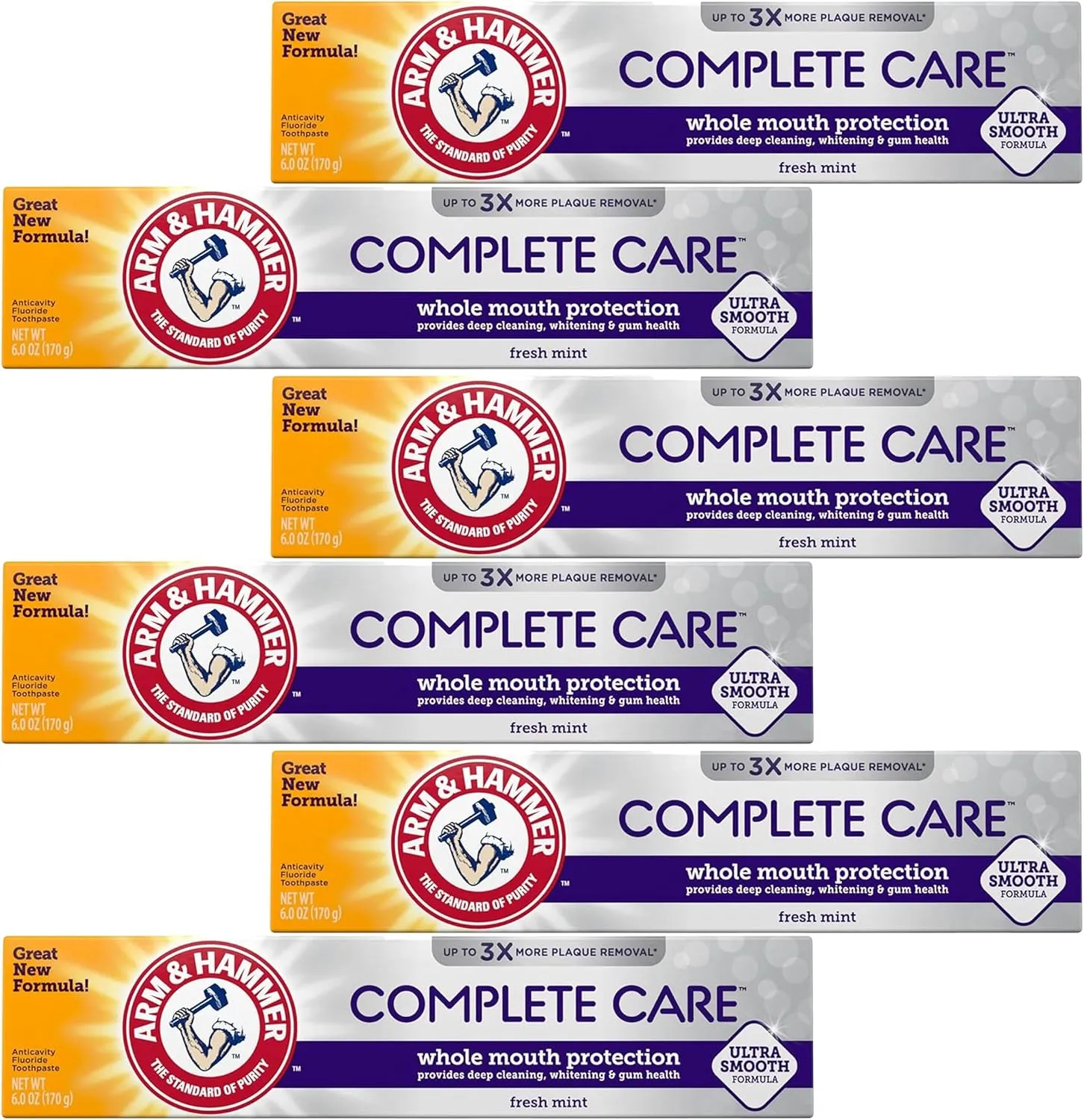 ARM & HAMMER Toothpaste Complete Care Whole Mouth Protection, 6 Pack, Fresh Mint, Anticavity Fluoride Toothpaste with Baking Soda, Whitening Enamel Strengthening Paste, Travel Size 0.9 Oz