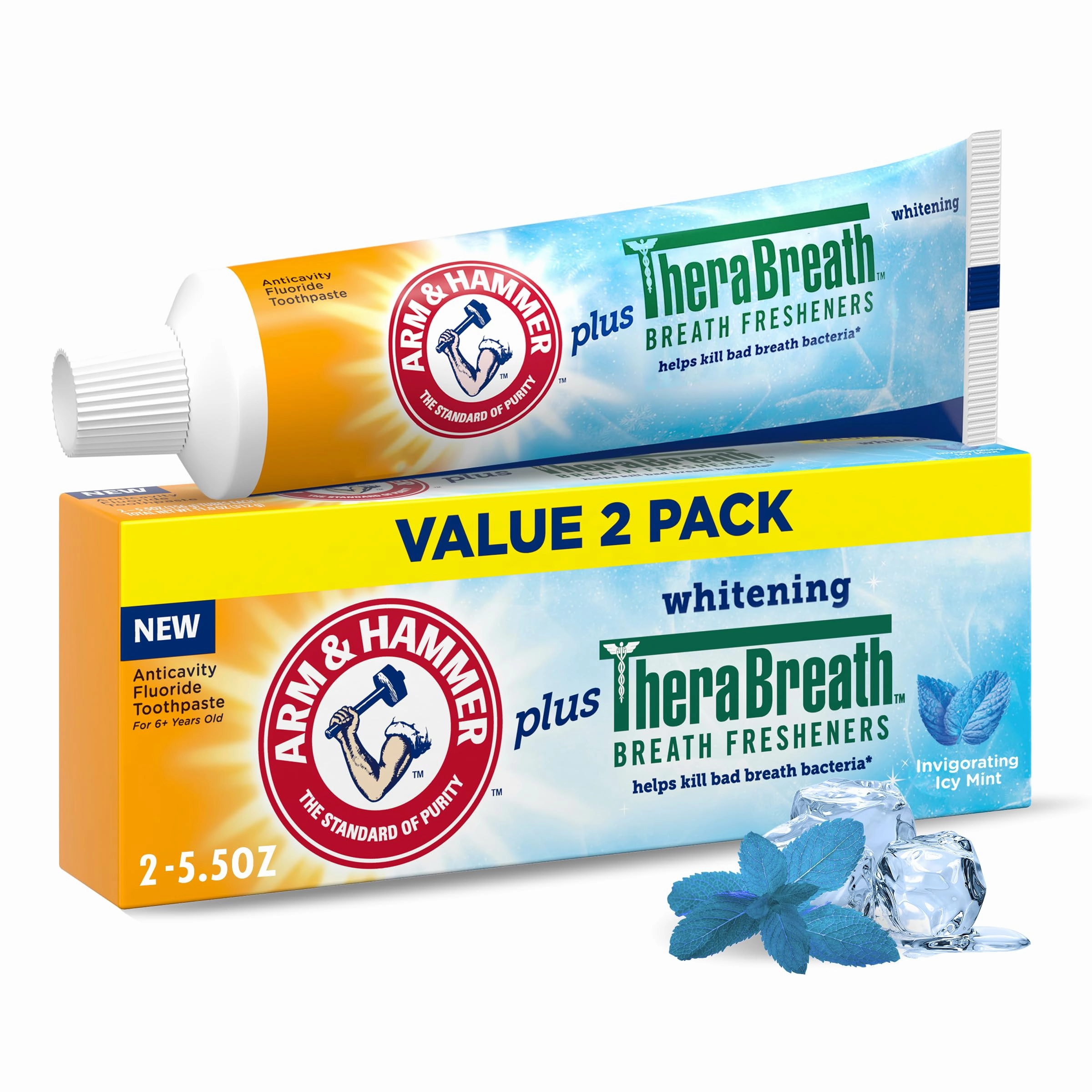 ARM & HAMMER Essentials Whiten & Strengthen Fluoride Toothpaste & Toothpaste Plus TheraBreath Breath Fresheners, Invigorating ICY Mint Flavor, Whitening Anticavity Fluoride Toothpaste