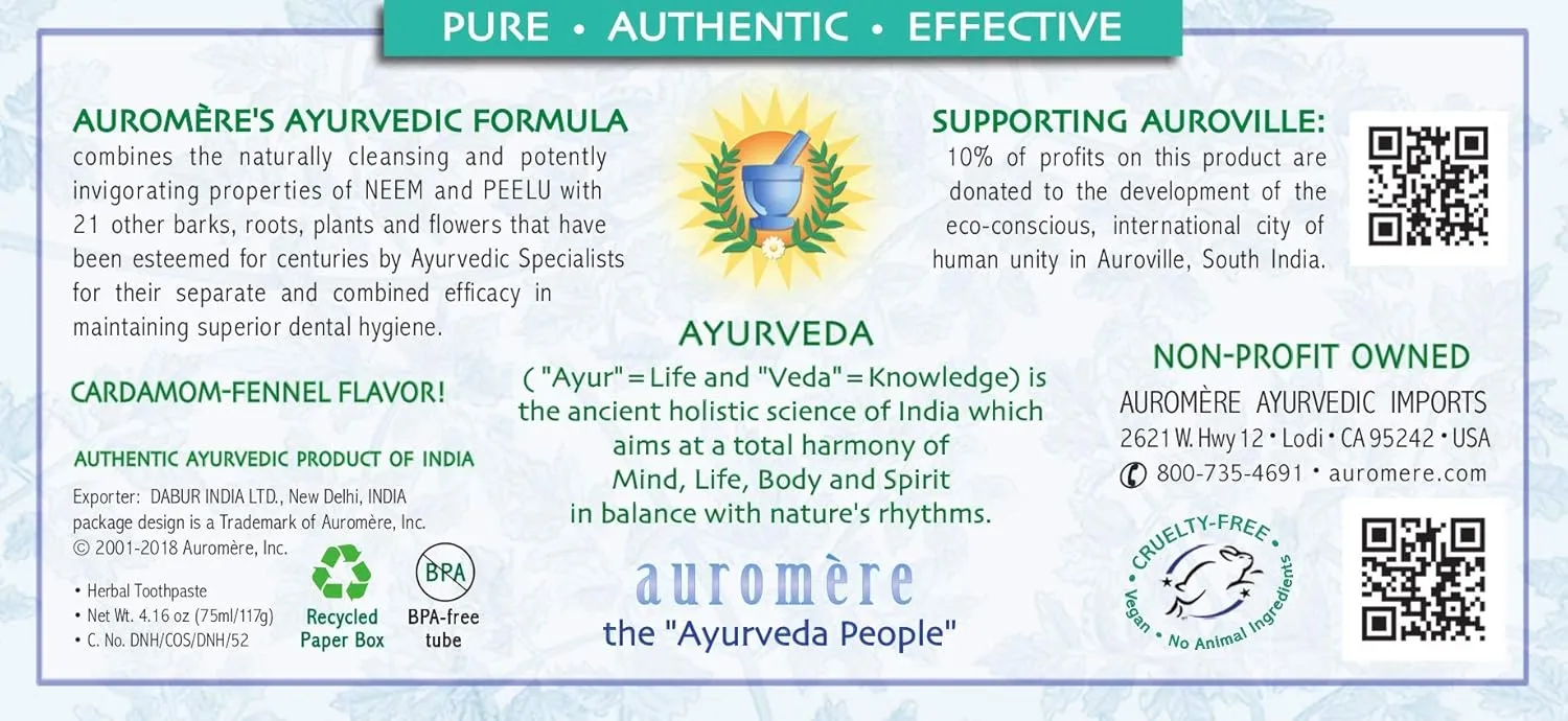 Auromere Ayurvedic Herbal Toothpaste, Cardamom Fennel, Foam Free - Vegan, Natural, Non GMO, SLS Free, Fluoride Free, Gluten Free, with Neem & Peelu (4.16 oz), 2 Pack