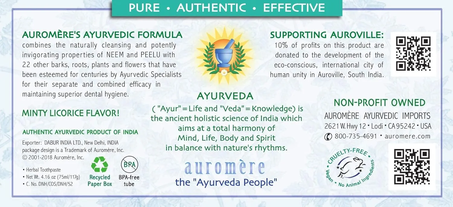 Auromere Ayurvedic Herbal Toothpaste, Classic Licorice Flavour - Vegan, Natural, Non GMO, Fluoride Free, Gluten Free, with Neem & Peelu (4.16 oz), 2 Pack