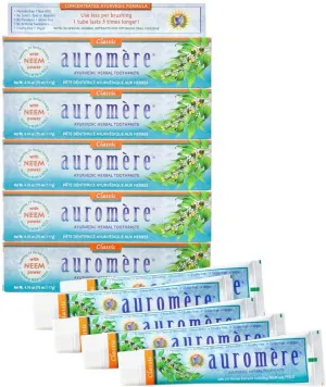 Auromere Ayurvedic Herbal Toothpaste, Classic Licorice Flavour - Vegan, Natural, Non GMO, Fluoride Free, Gluten Free, with Neem & Peelu (4.16 oz), 5 Pack