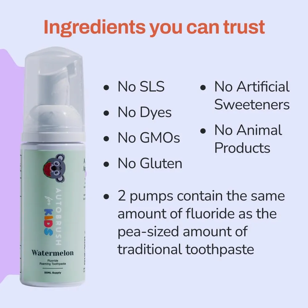 autobrush Kids Fluoride-Free Foaming Toothpaste Watermelon Flavor for Electric or U-Shaped Toothbrush, SLS-Free, Training Toothpaste, Anti-Cavity (2 Pack)