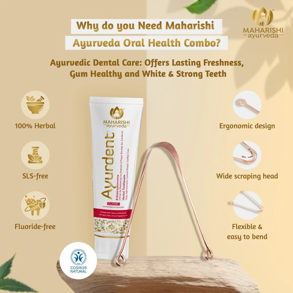 Ayurdent Classic Toothpaste & Copper Tongue Cleaner Combo | Fluoride & SLS-Free Toothpaste for Stronger Teeth | Premium Copper Oral Tongue Scraper for Bacteria & Plaque Removal