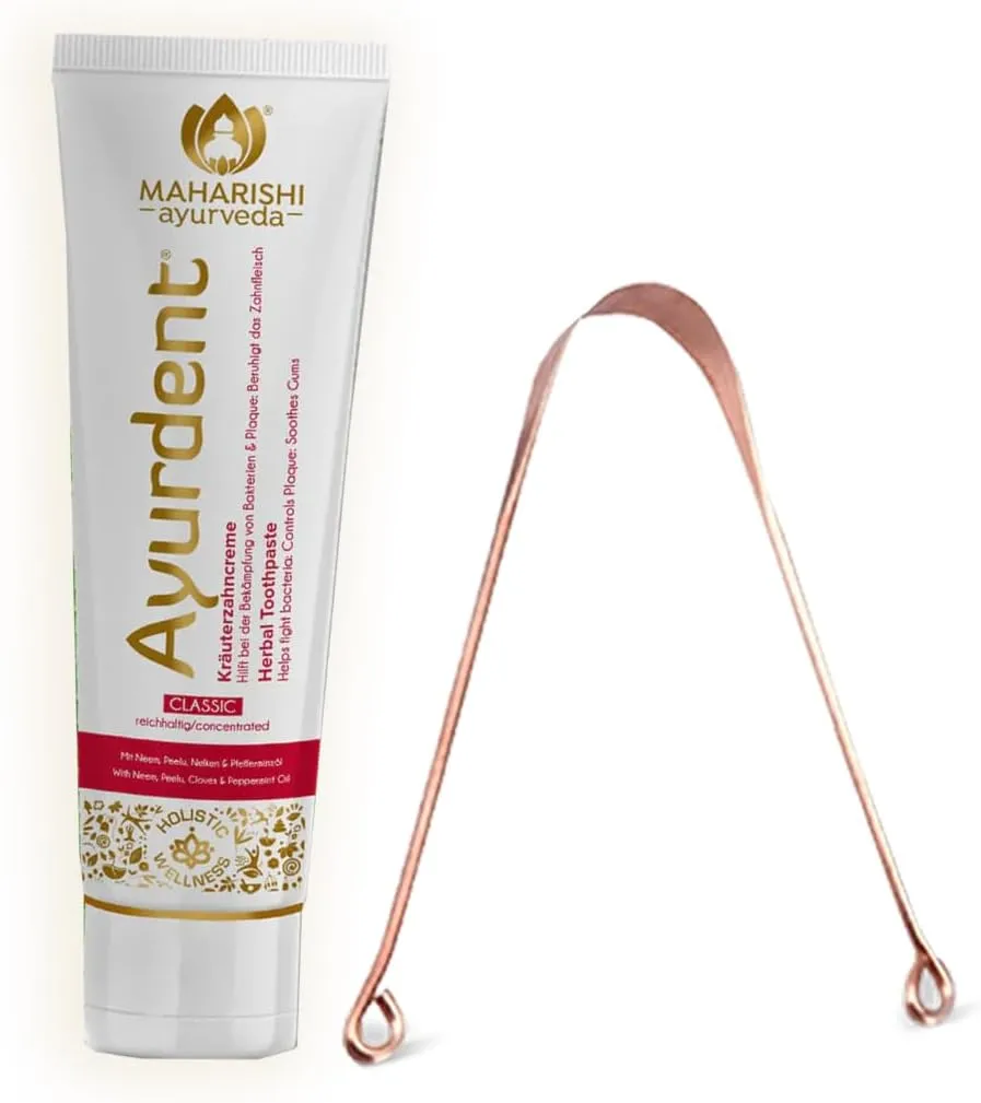 Ayurdent Classic Toothpaste & Copper Tongue Cleaner Combo | Fluoride & SLS-Free Toothpaste for Stronger Teeth | Premium Copper Oral Tongue Scraper for Bacteria & Plaque Removal
