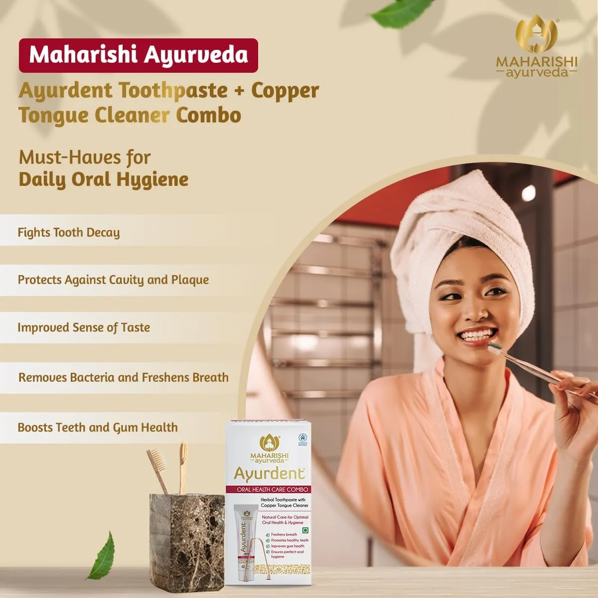 Ayurdent Classic Toothpaste & Copper Tongue Cleaner Combo | Fluoride & SLS-Free Toothpaste for Stronger Teeth | Premium Copper Oral Tongue Scraper for Bacteria & Plaque Removal
