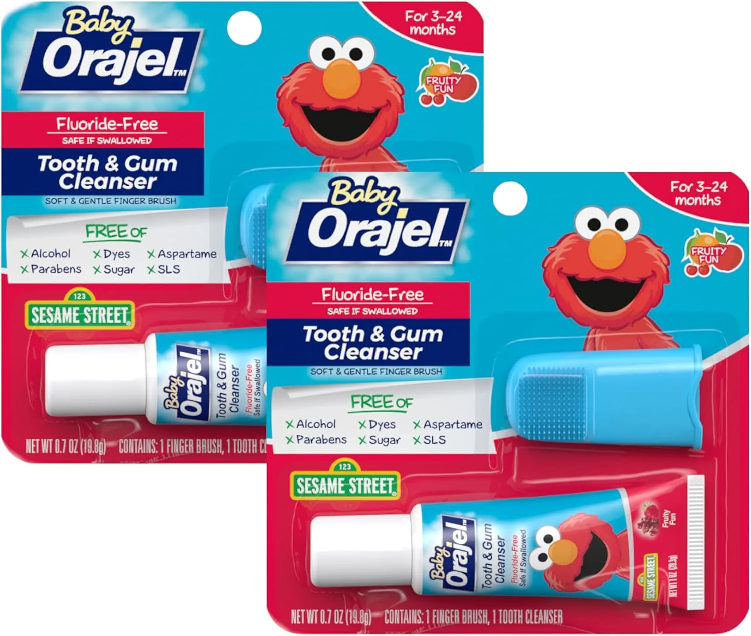 Baby Orajel Elmo Fluoride-Free Tooth & Gum Cleanser, Fruity Fun Flavored, 0.7 oz (2 Pack)