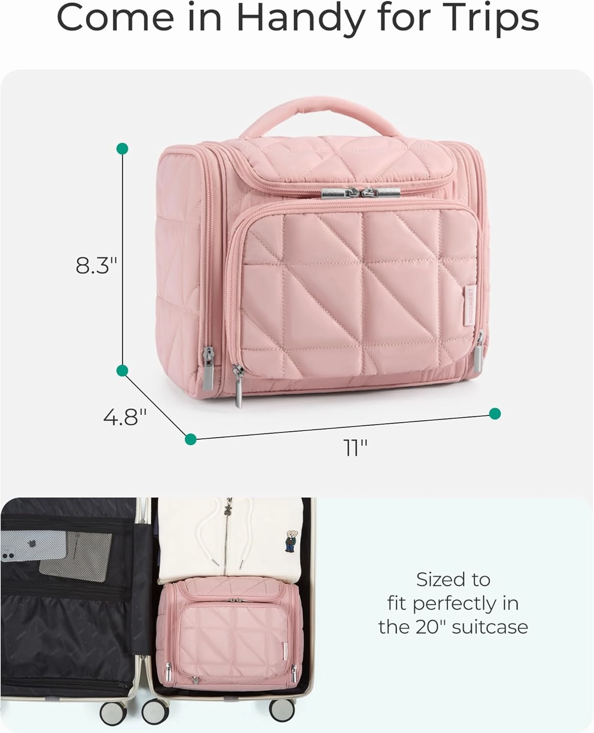 BAGSMART Toiletry Bag Travel Bag with Hanging Hook, Water-resistant Lightweight Puffy Makeup Bag Large Wide-open Travel Bag for Women Travel Organizer for Accessories, Cosmetics, Toiletries, Nude Pink