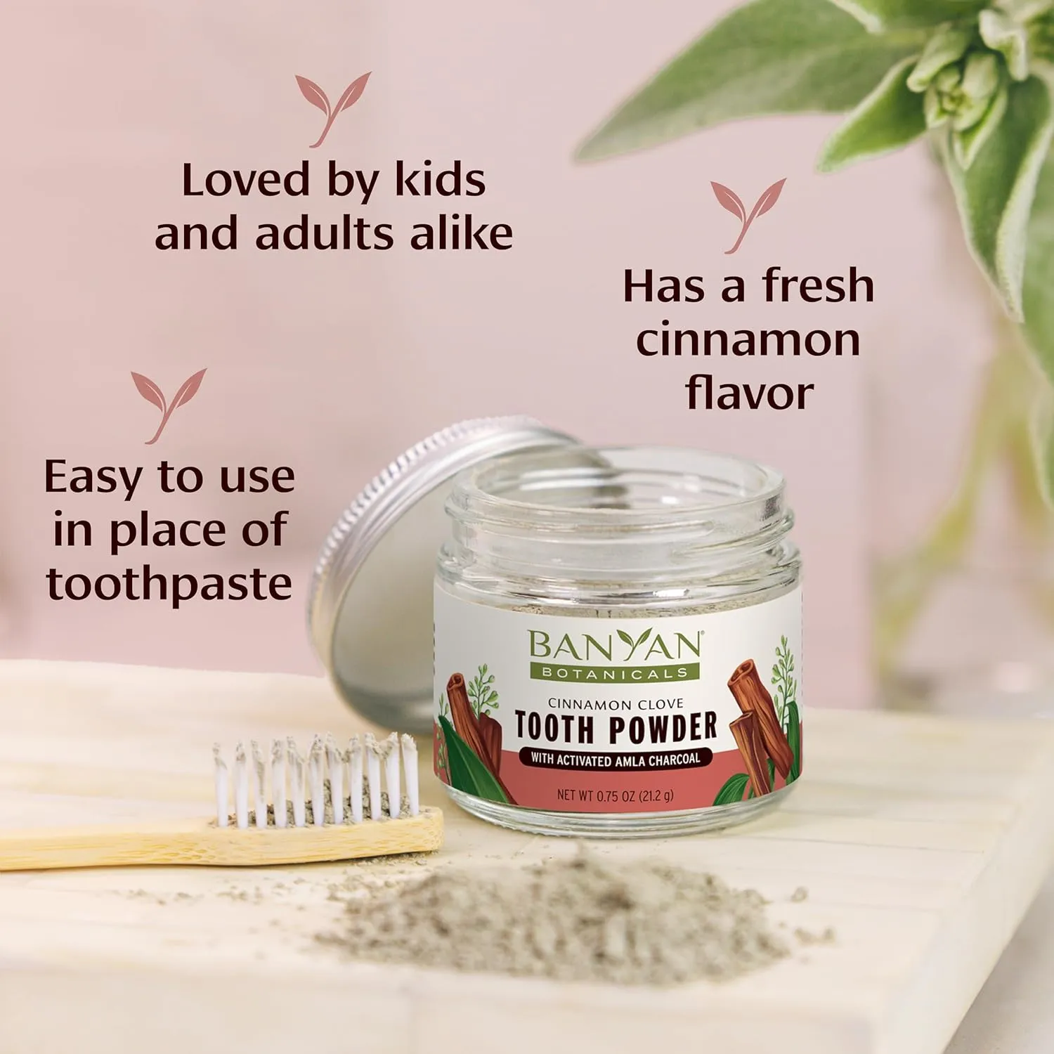 Banyan Botanicals Cinnamon Clove Tooth Powder – Ayurvedic Fluoride-Free Toothpaste Alternative with Miswak & Activated Charcoal from Amla – 0.75oz, 80  Uses – Non GMO Sustainably Sourced Vegan