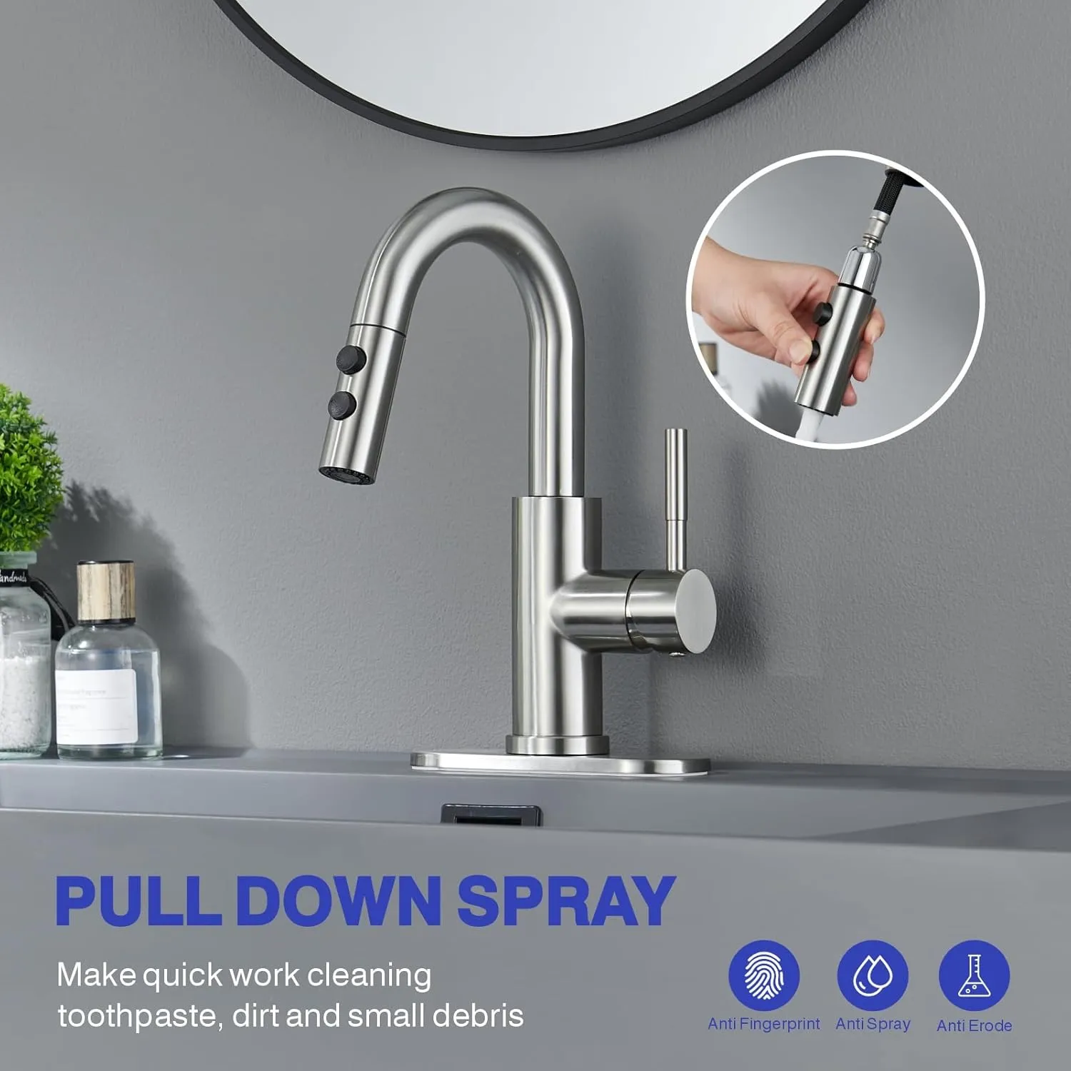 Bathroom Sink Faucet with Pull Down Sprayer, Brushed Nickel Single Handle Pull Out Faucet with Pop-Up Drain, 1 or 3 Hole Laundry Bar Basin Faucet with Deck Plate, KBL-7002BN-CL