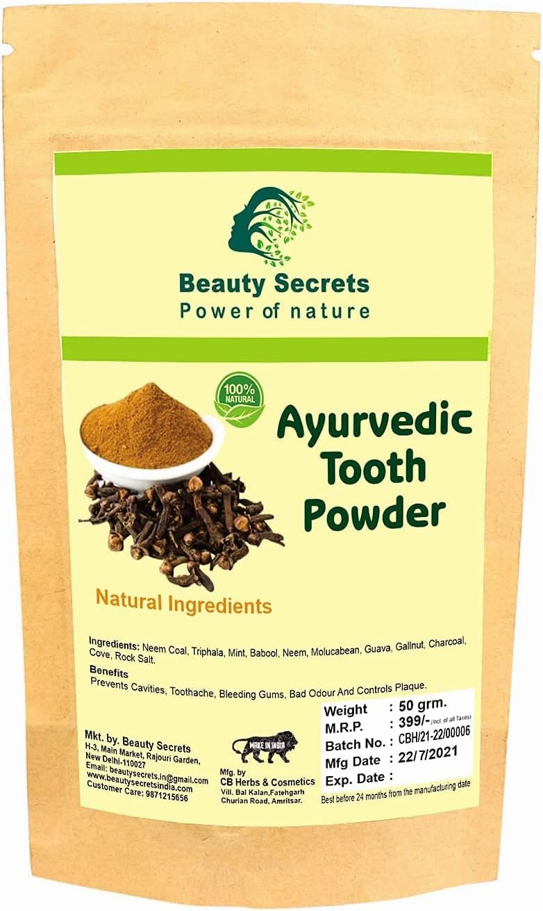 Beauty Ayurvedic Tooth Powder Complete Mouth Care with Neem Coal,Triphala,Mint,babool,neem,molucabean,Guava,Gallnut,Charcoal,Clove,Rock Salt - Natural Ingredients - 50gm