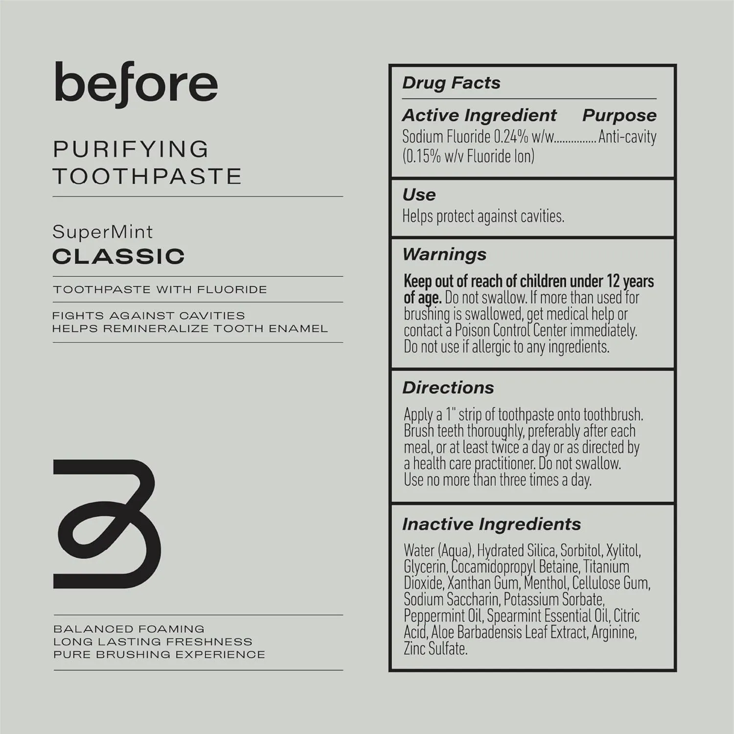 Before | Classic Anti-Cavity Toothpaste | Vegan, Reduces Plaque for Gum Health, Balanced Foaming, Low Abrasion, Long Lasting Minty Fresh Breath, Plant-Based 3.5oz Tubes, Made in The USA — 2 Pack