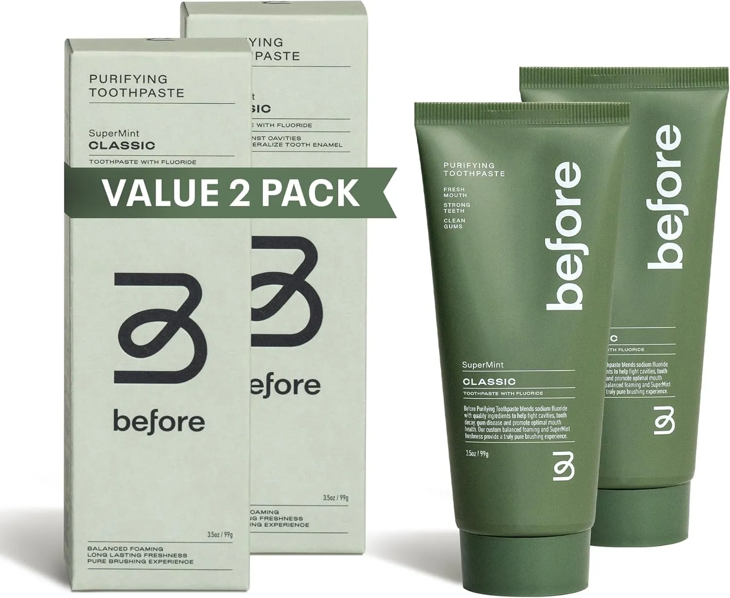 Before | Classic Anti-Cavity Toothpaste | Vegan, Reduces Plaque for Gum Health, Balanced Foaming, Low Abrasion, Long Lasting Minty Fresh Breath, Plant-Based 3.5oz Tubes, Made in The USA — 2 Pack