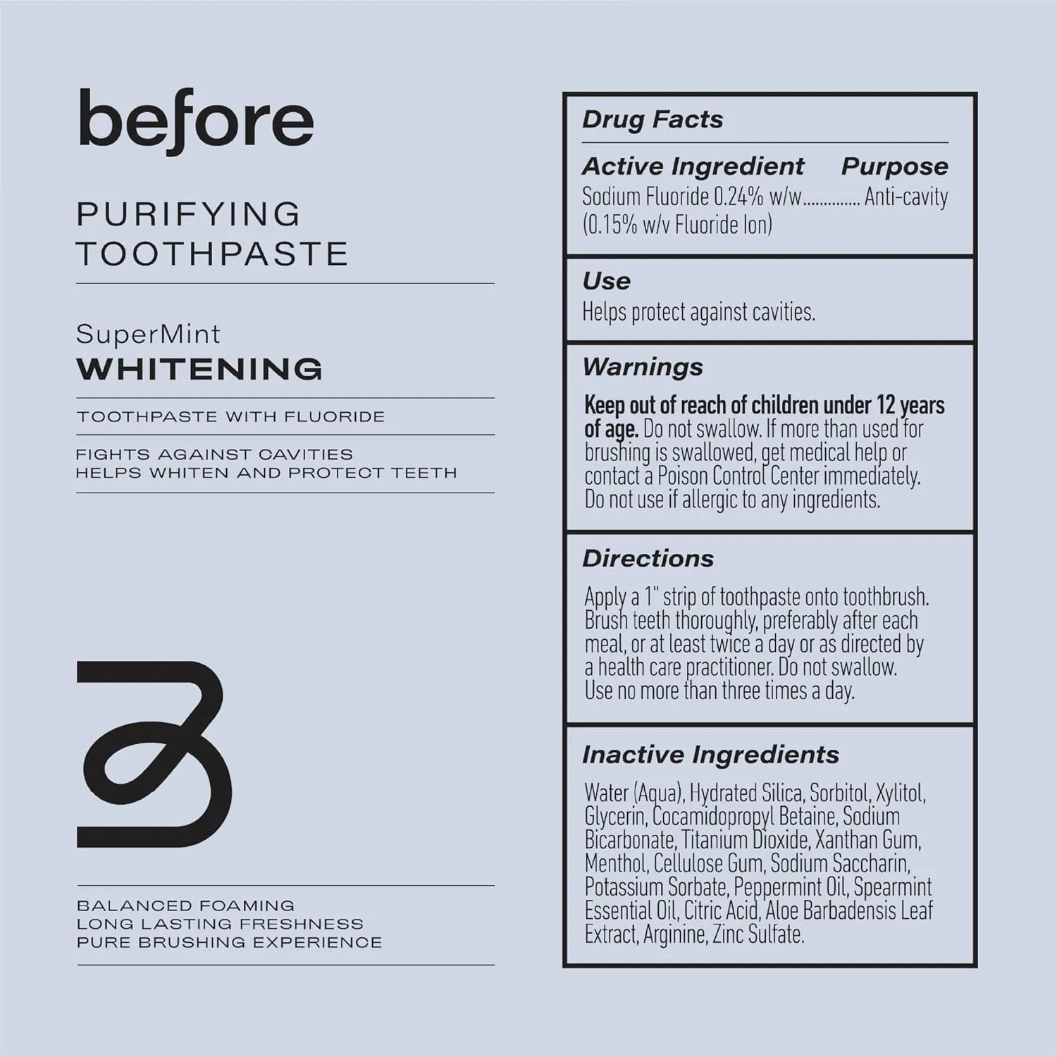 Before | Whitening Anti-Cavity Toothpaste | Vegan, Reduces Plaque for Gum Health, Balanced Foaming, Low Abrasion, Long Lasting Minty Fresh Breath, Plant-Based 3.5oz Tubes, Made in The USA — 2 Pack