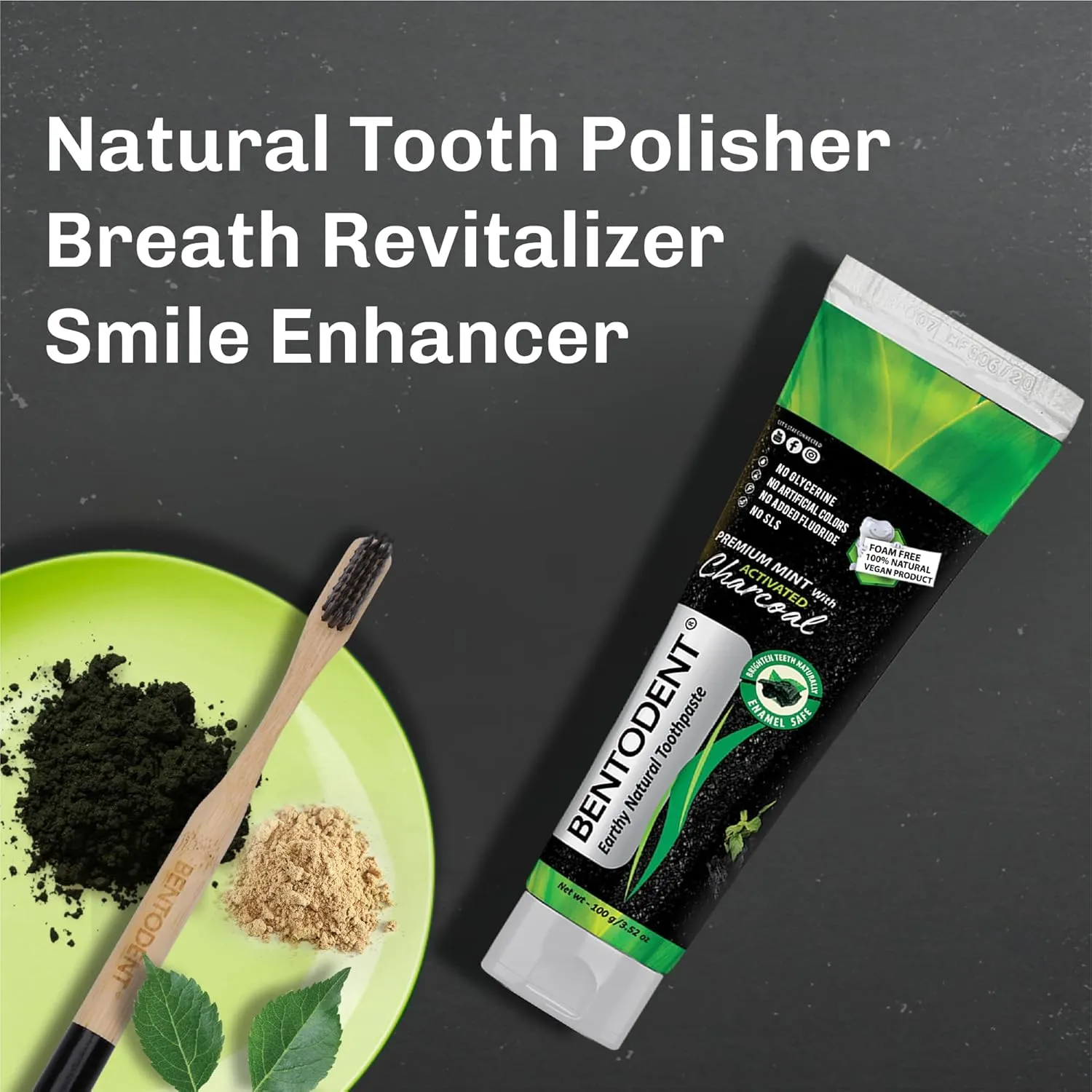 BENTODENT Fluoride Free Organic Charcoal Toothpaste with Bentonite Clay for Teeth Whitening- Natural Sensitive Teeth Whitening Toothpaste, Vegan, Travel