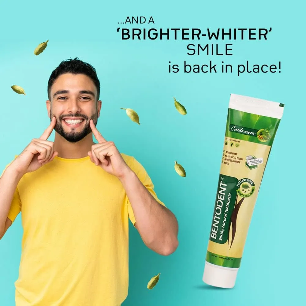 Bentodent Natural Toothpaste for Entire Family Incl Kids - SLS Free, Fluoride Free - Freshens Breath, Helps Reduce Plaque by Brushing (Cardamom Pack of 2)…