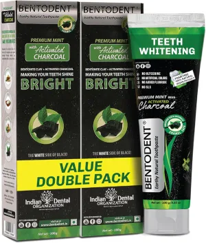 BENTODENT Teeth Whitening Bentonite Clay & Charcoal Toothpaste - Natural Teeth Whitening Charcoal toothpaste, No SLS & Fluoride free Charcoal toothpaste, Vegan (Activated Charcoal Mint Combo)
