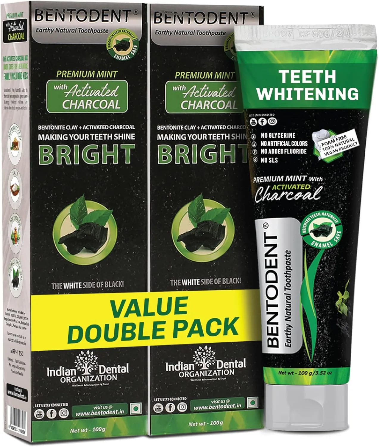 BENTODENT Teeth Whitening Bentonite Clay & Charcoal Toothpaste - Natural Teeth Whitening Charcoal toothpaste, No SLS & Fluoride free Charcoal toothpaste, Vegan (Activated Charcoal Mint Combo)