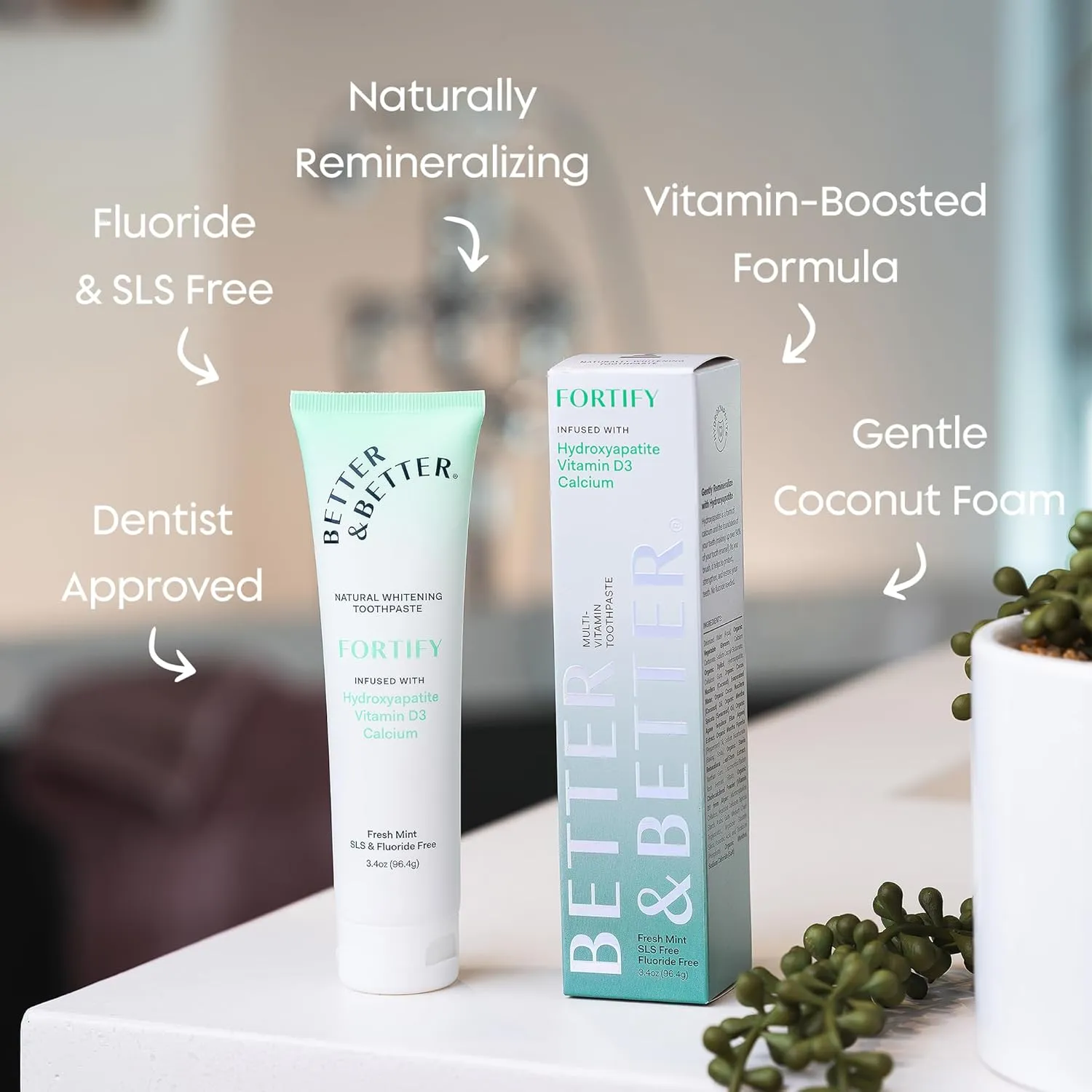 Better & Better Fortify Hydroxyapatite Toothpaste | Infused w/VIT. D & Calcium | Fluoride & SLS Free for Sensitive Brushers | Natural & Vegan Whitening Toothpaste | Fresh Mint Flavor | 3.4oz, 1 Pack