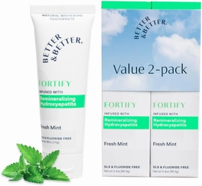 Better & Better Fortify Fluoride Free Toothpaste | Hydroxyapatite SLS Free, 2 CT | Remineralizing & Non Toxic w/Organic Mints | Vegan & Whitening Sensitive Toothpaste