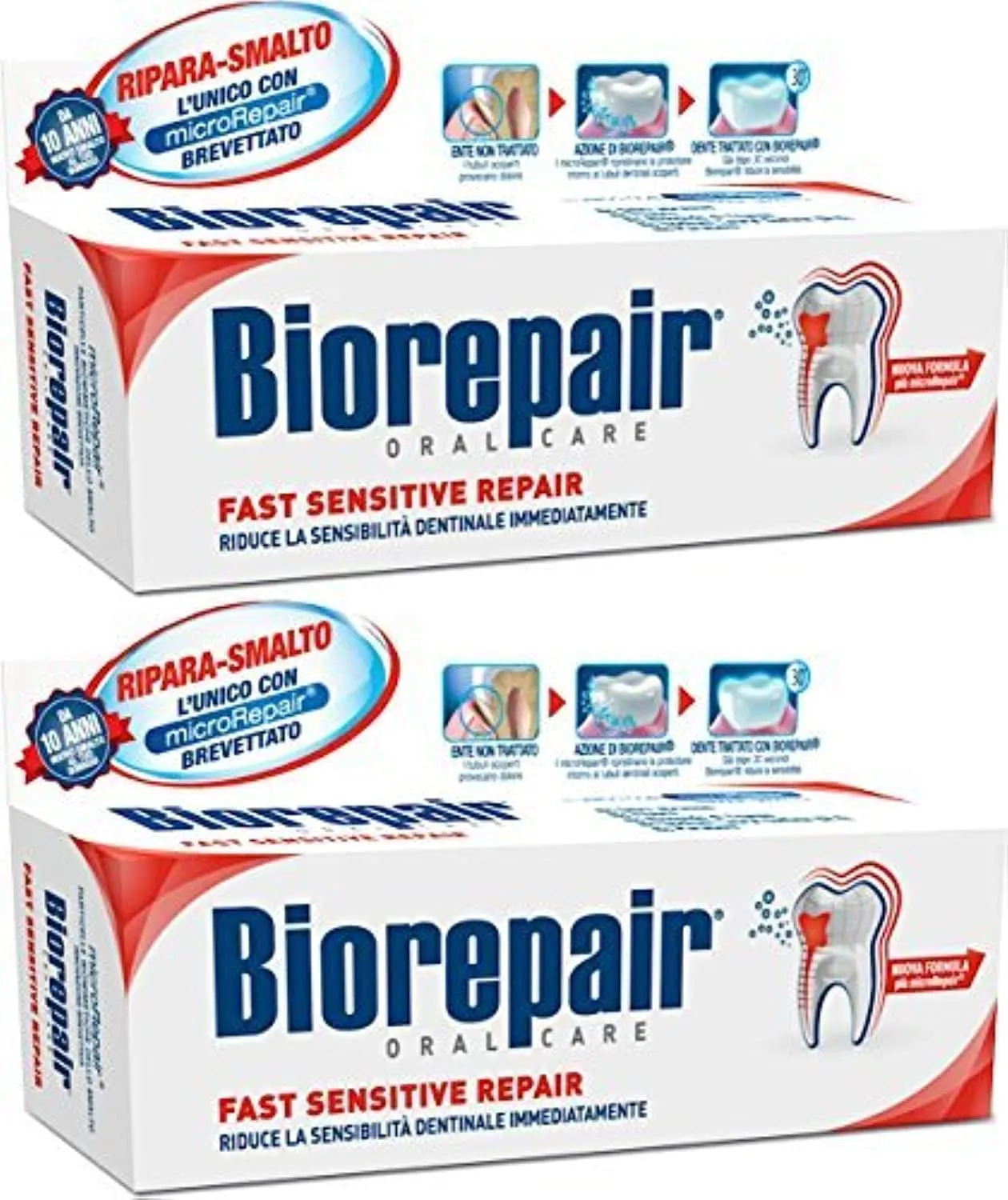 Biorepair: Fast Sensitive Repair Toothpaste with microRepair, New Formula - 2.5 Fluid Ounce (75ml) Tubes (Pack of 2) [ Italian Import ]