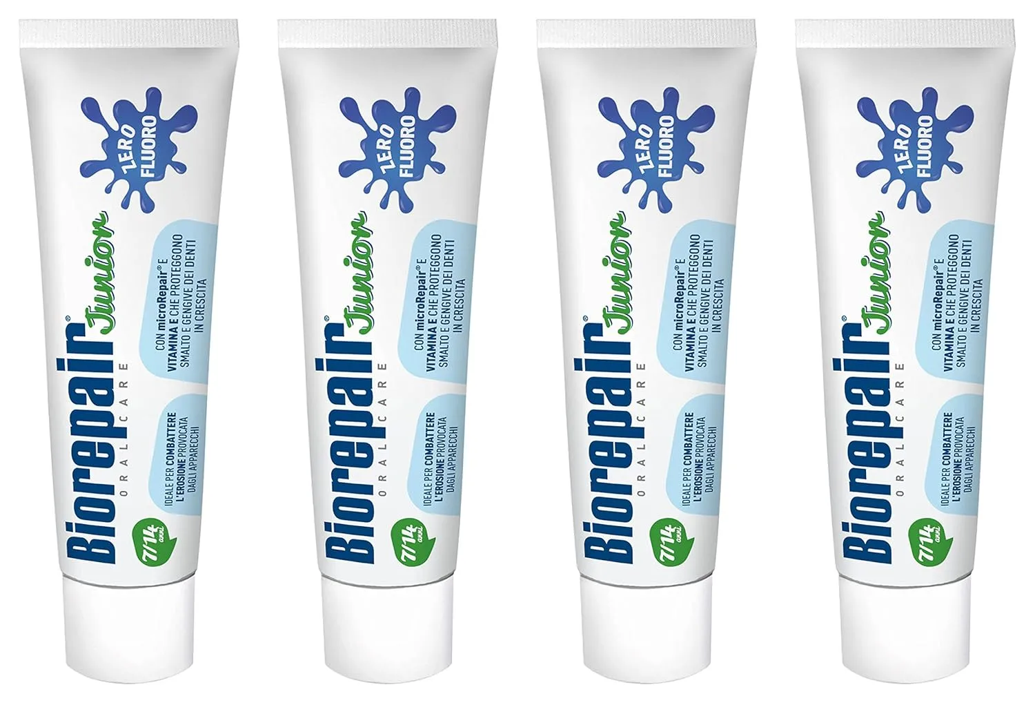Biorepair: Oral Care Junior 7-14 Years Toothpaste, Fluoride Free, with Mint Extract - 2.53 Fluid Ounces (75ml) Tubes (Pack of 4) [ Italian Import ]