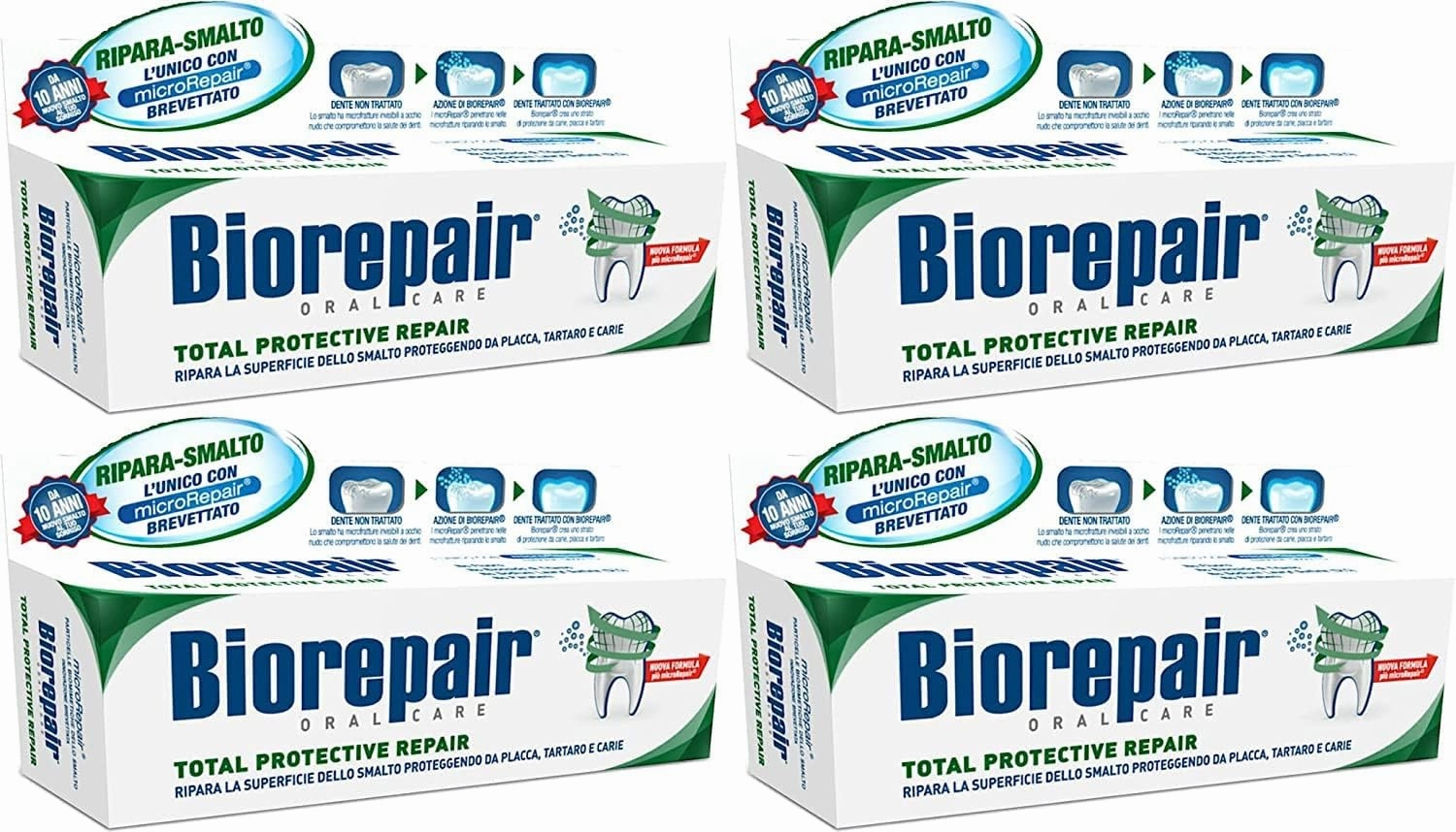 Biorepair: "Total Protective Repair" Toothpaste with microRepair, New Formula - 2.5 Fluid Ounce (75ml) Tubes (Pack of 4) [ Italian Import ]